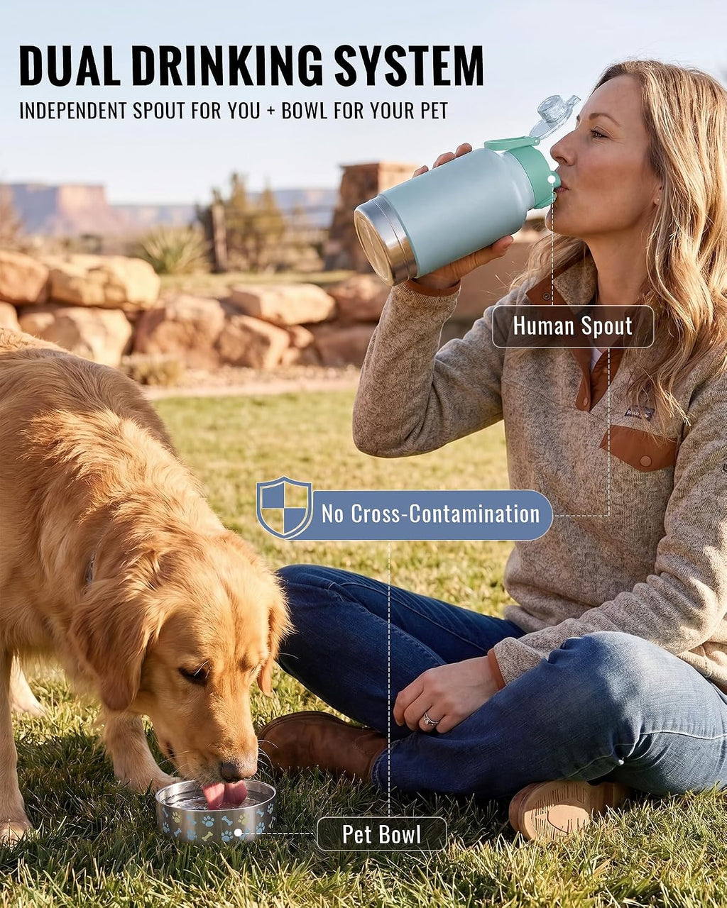 GiNT 37oz / 1.1L Insulated Dog Water Bottle with Carrying Case, Green