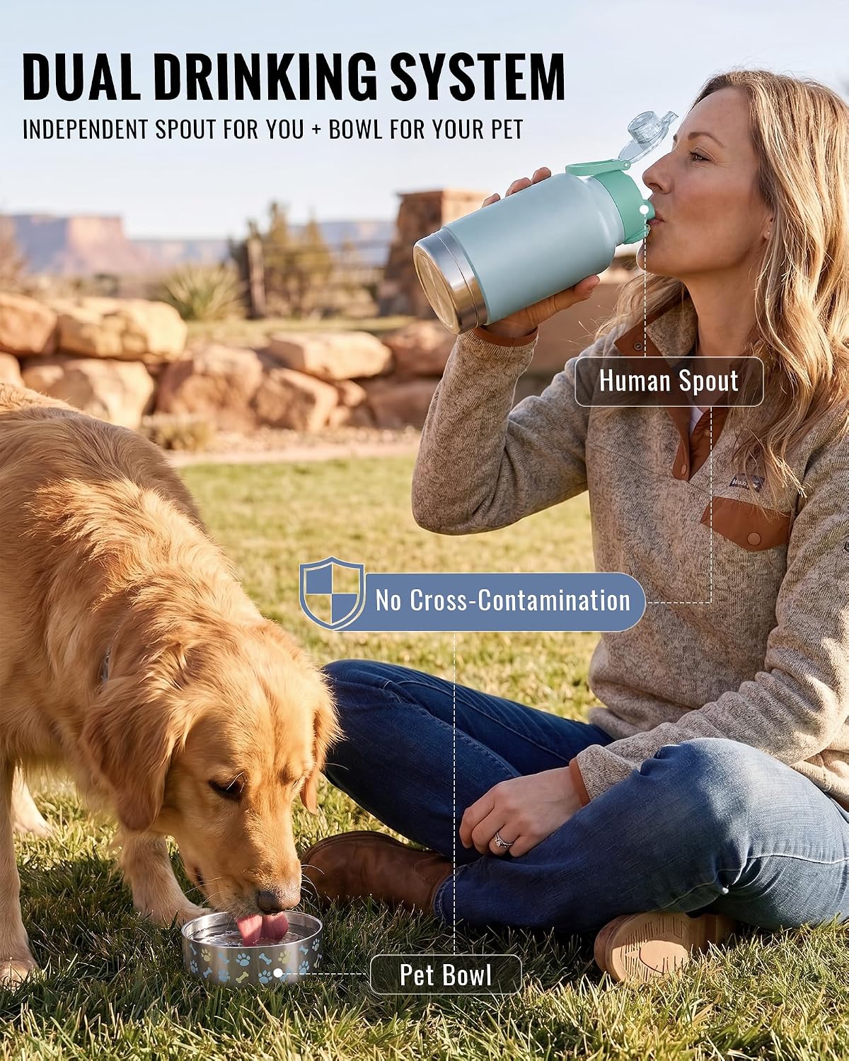 GiNT 37oz / 1.1L Insulated Dog Water Bottle with Carrying Case, Green