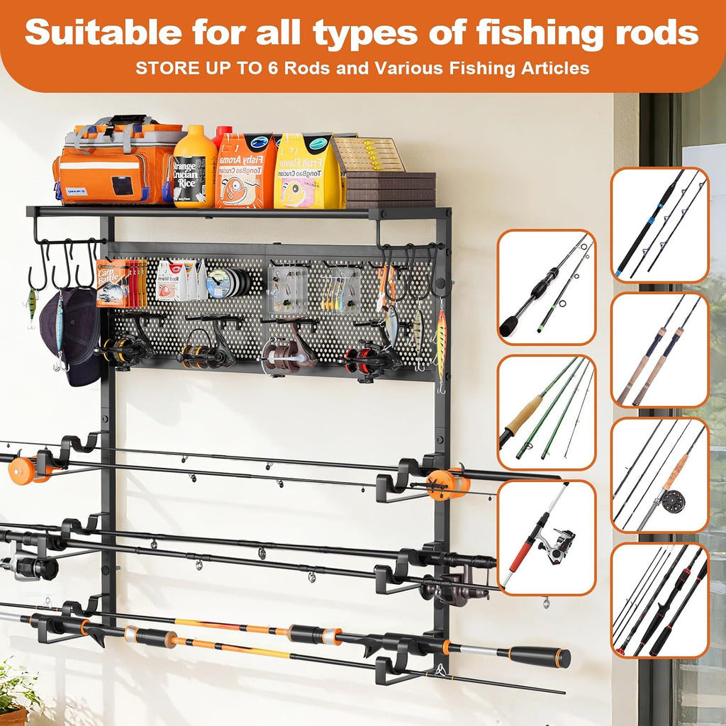 Olakee Wall Mount Fishing Rod Holder for Garage, Holds 6 Pole Rack