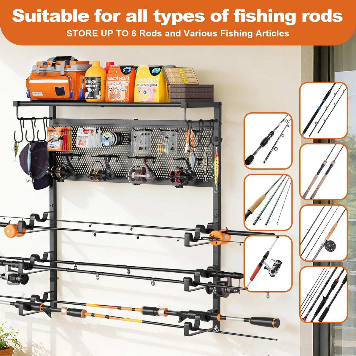 Olakee Wall Mount Fishing Rod Holder for Garage, Holds 6 Pole Rack