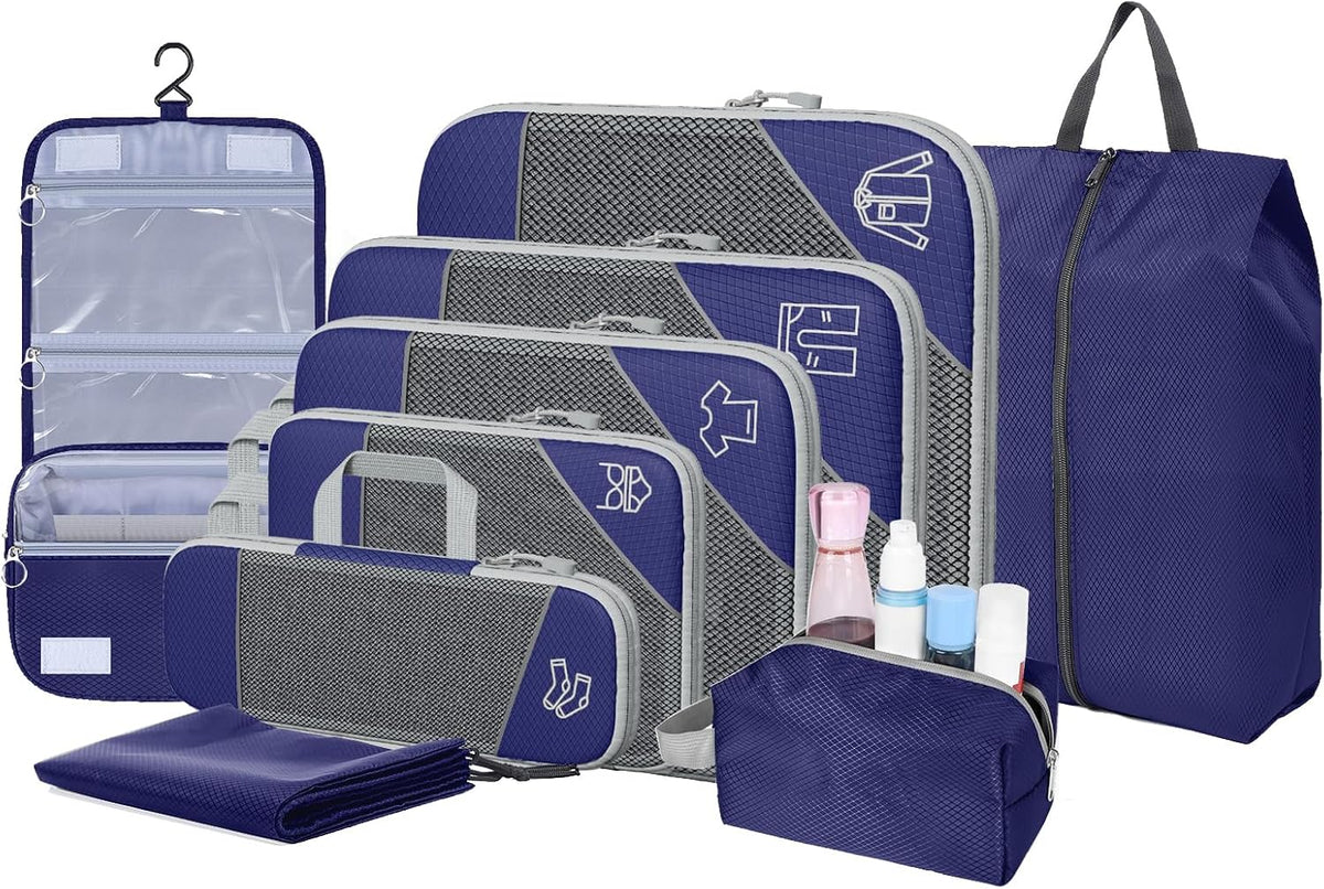 9-Set Packing Cubes with Hanging Bag | 9-Size Combination, Mesh Fabric & Reflective Stripe | Travel Luggage Organizers (Black)
