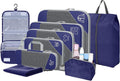 9-Set Packing Cubes with Hanging Bag | 9-Size Combination, Mesh Fabric & Reflective Stripe | Travel Luggage Organizers (Navy)