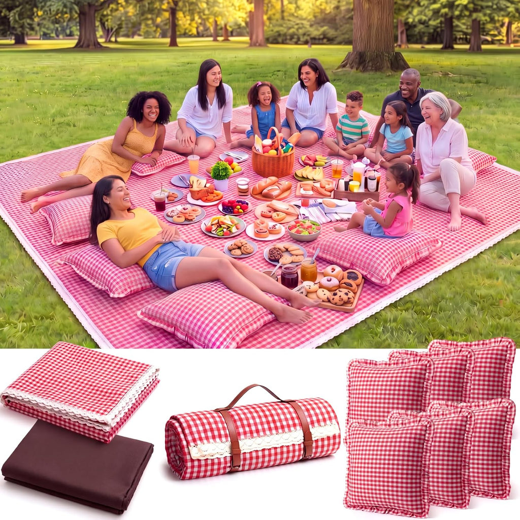 Boao Extra Large Picnic Blanket, 98" x 78" Red Gingham Picnic Blanket Set