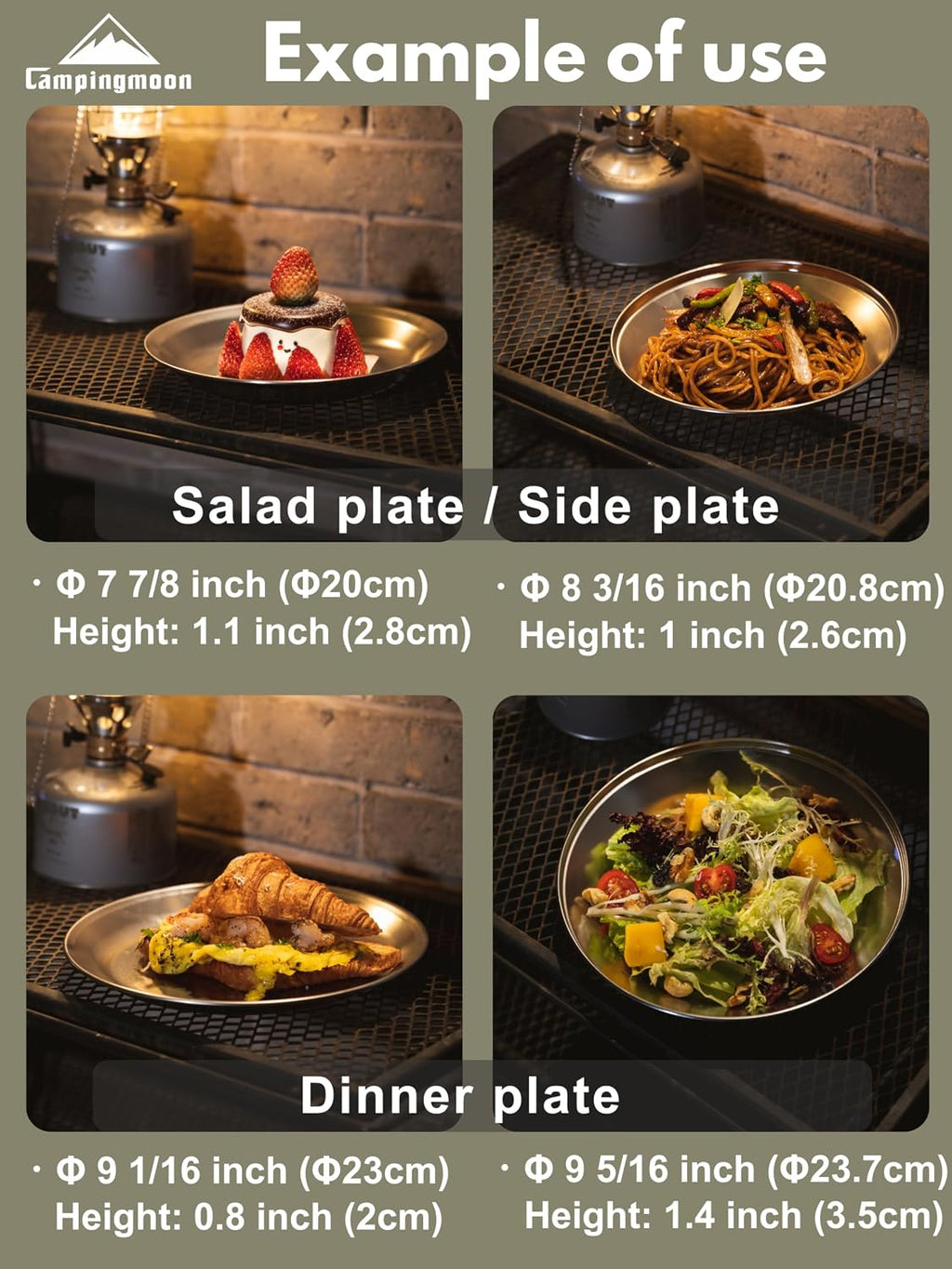 CAMPINGMOON Camping Plates 4 pack set Salad Side Dinner Plate Dishes Outdoor Tableware Stainless Steel with Canvas Case S397-1S