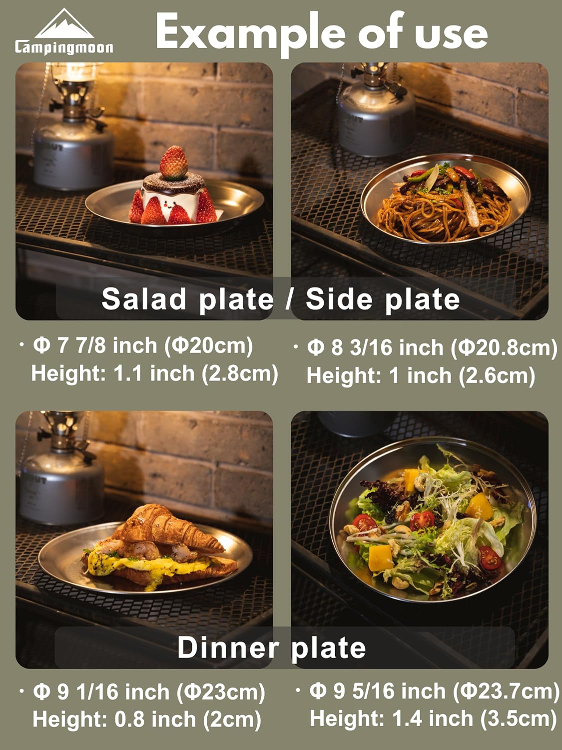 CAMPINGMOON Camping Plates 4 pack set Salad Side Dinner Plate Dishes Outdoor Tableware Stainless Steel with Canvas Case S397-1S