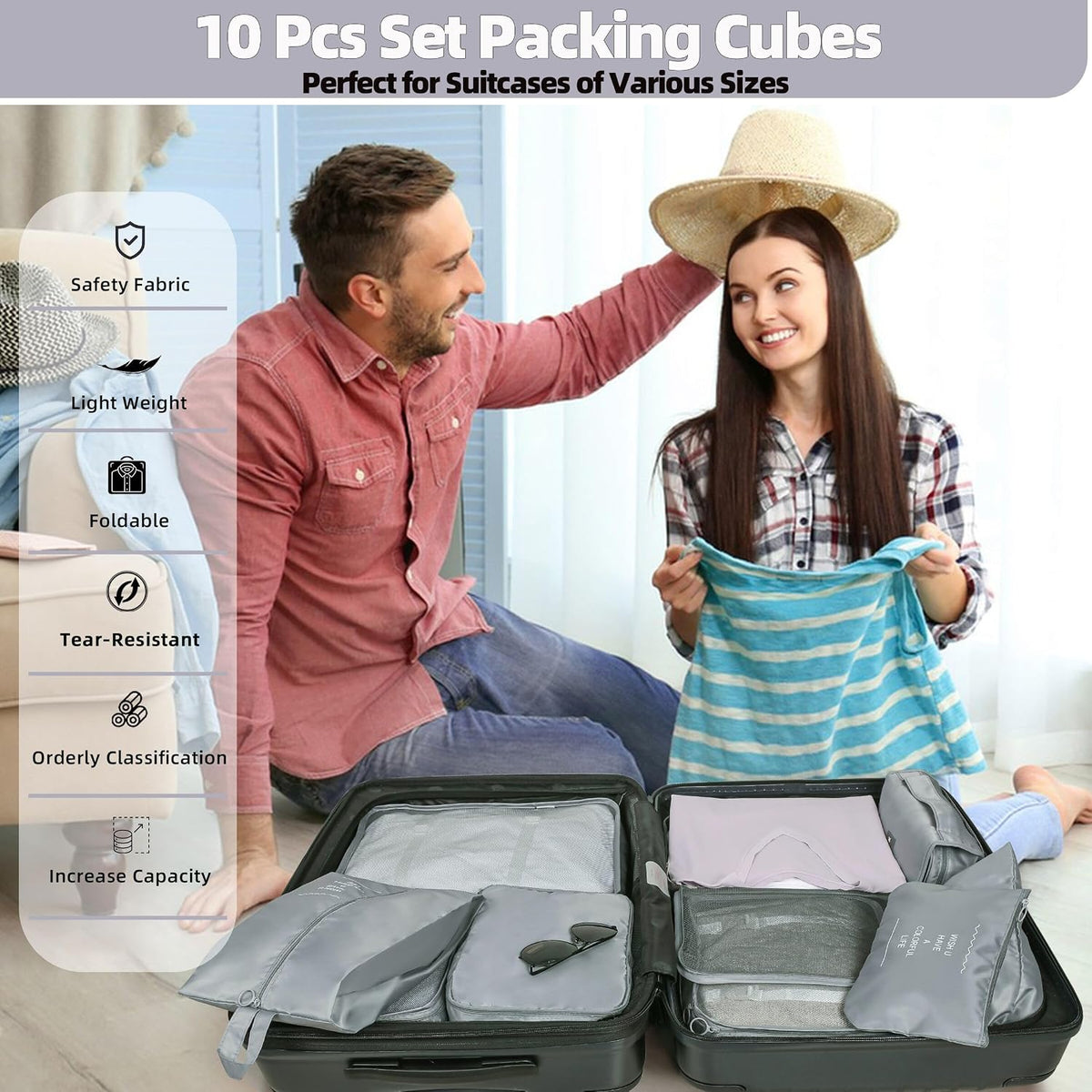 10 Pcs Set Packing Cubes - Travel Packing Organizers, Expandable Suitcase Organizer, Luggage Organizer Bags