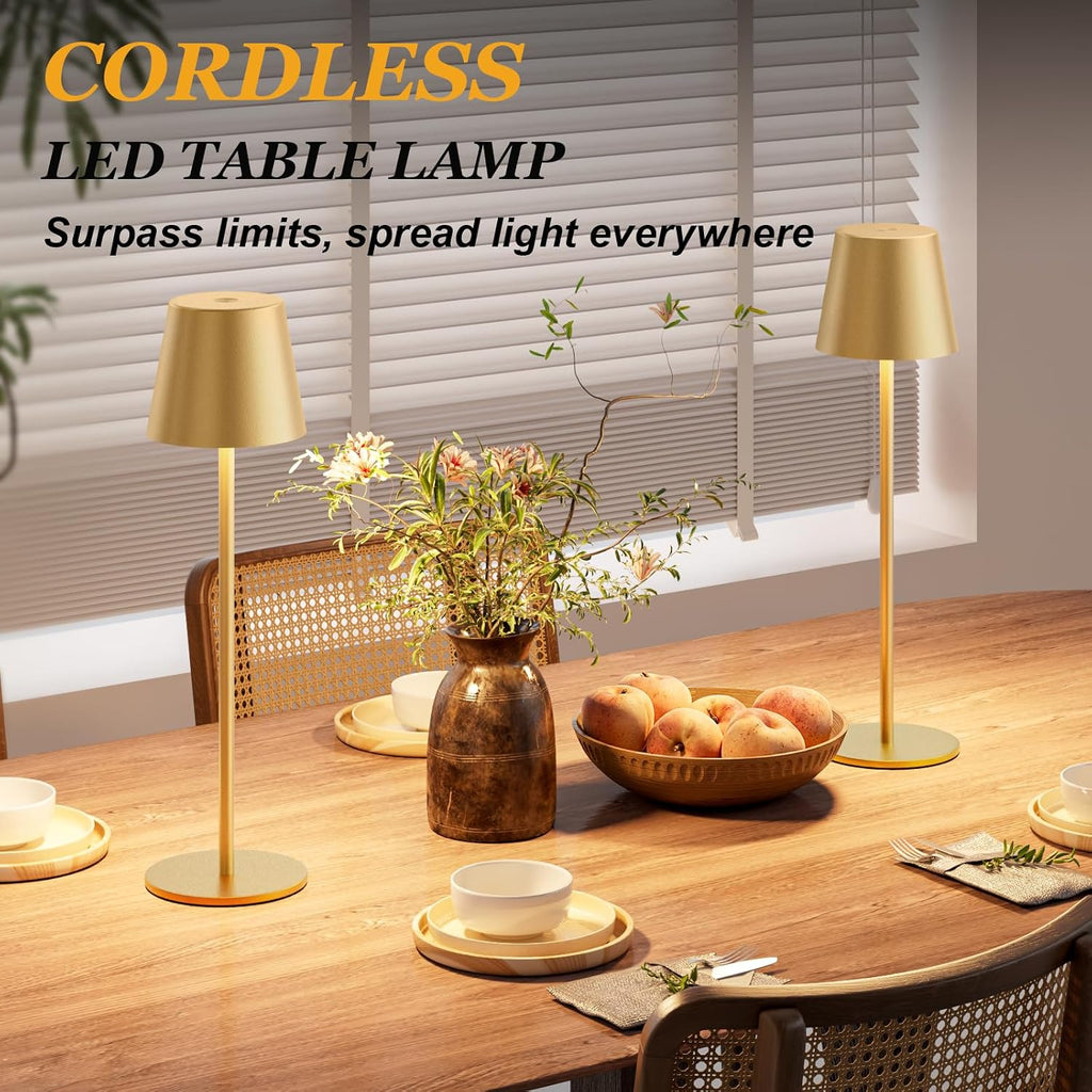 Kakanuo Cordless Table Lamp Rechargeable Gold - 4 Pack Battery Operated Lamp for Dining Table, 3 Color Stepless Dimming Wireless Lamp for Counter, Outdoor Patio, Touch Control