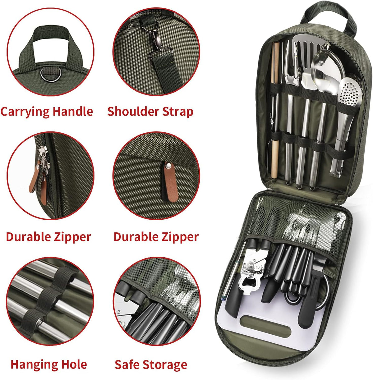 Portable Camping Kitchen Utensil Set-27 Piece Cookware Kit, Stainless Steel Outdoor Cooking and Grilling Utensil Organizer Travel Set Perfect for Travel, Picnics, RVs, Camping, BBQs, Parties and More