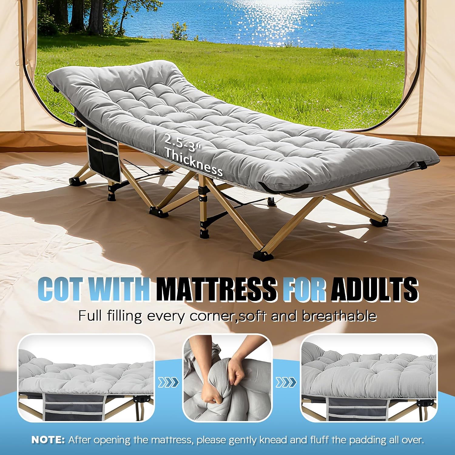 HABUTWAY Camping Cots for Adults, 600lbs Capacity, Folding Camping Cot with Mattress, Sleeping Cots for Adults with Carry Bags for Travel,Beach,Patio,Home Office,Nap Time
