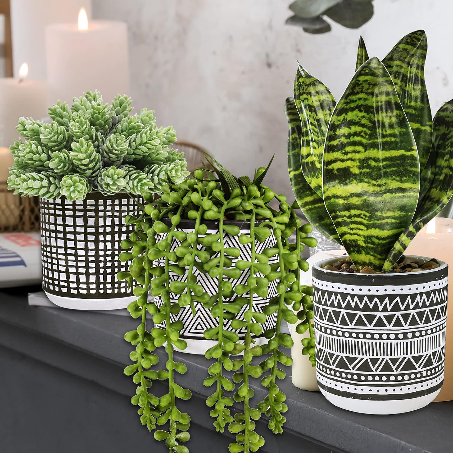 Winlyn 3 Pcs Small Potted Plants Artificial Succulents Hanging Plants and Faux Tropical Snake Plant in Black Geometric Pots for Modern Home Kitchen Windowsill Table Shelf Indoor Outdoor Greenery Decor
