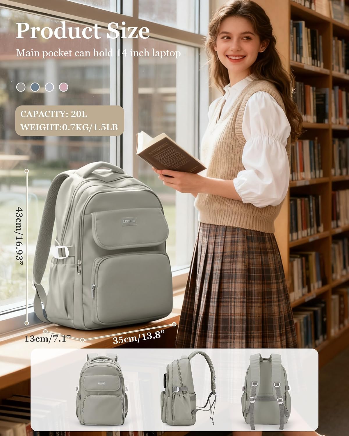 Cute Middle School Backpack For Teen Girls,Waterproof Casual Bookbags,Lightweight Travel Daypack,Basic Laptop College Backpack For Women(grey brown）