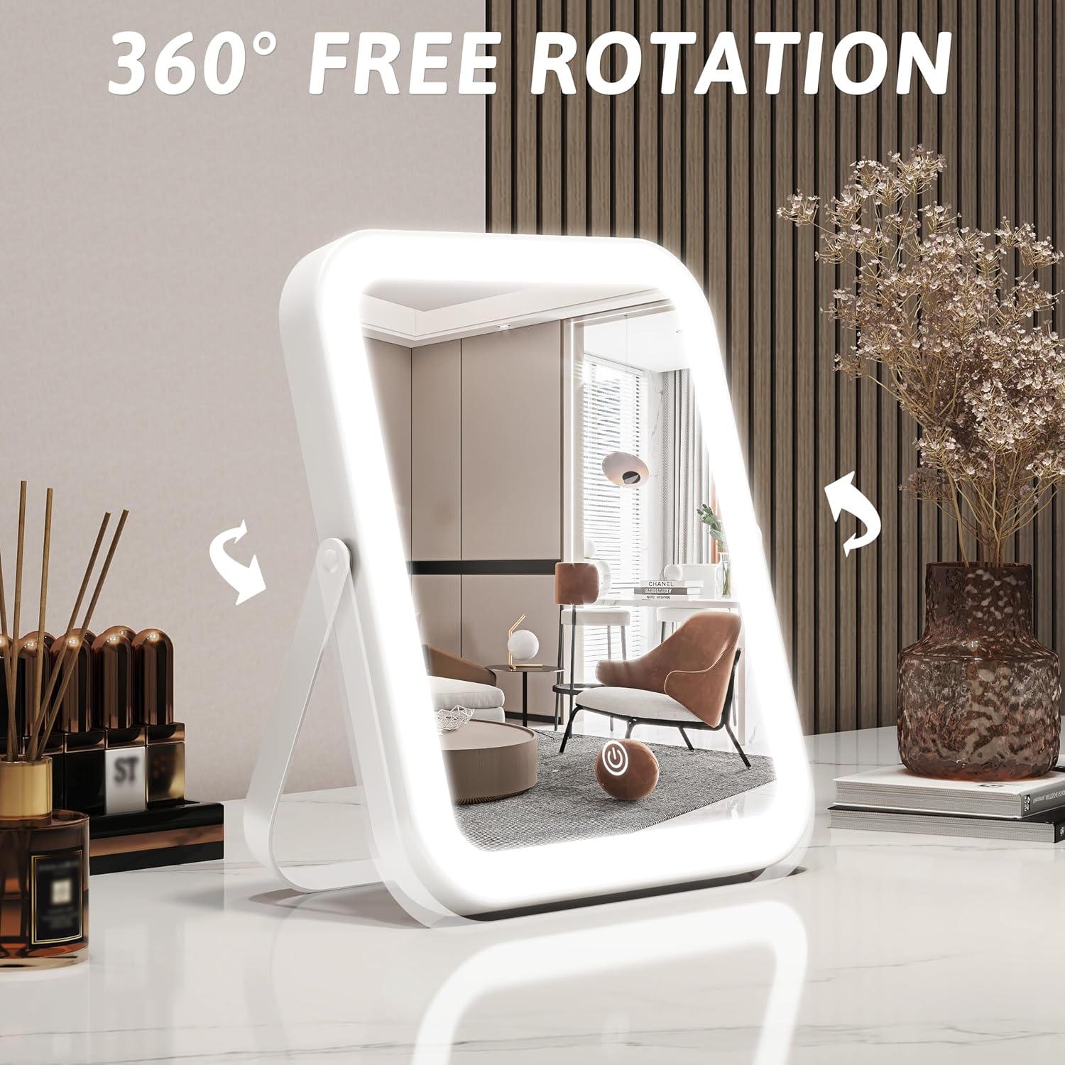 ROLOVE 8x10 Inch Lighted Vanity Mirror, 3-Color Dimmable LED Lighting & Touch Control, Portable Makeup Mirror with U-Bracket for Travel/Dressing Room (White)