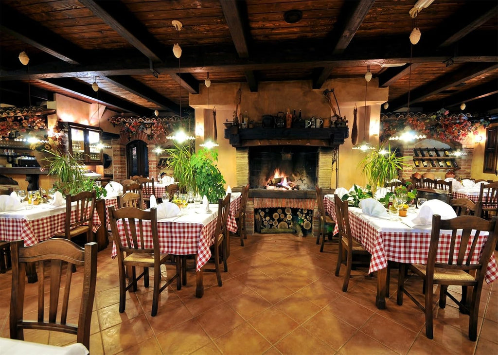 7x5ft Fabric Cafe Restaurant Backdrop for Photography Italy Restaurant Interior Fireplace Dining Tables Scene Backdrop Child Kids Adult Travel Photo Shoot Studio Props Indoor Decors