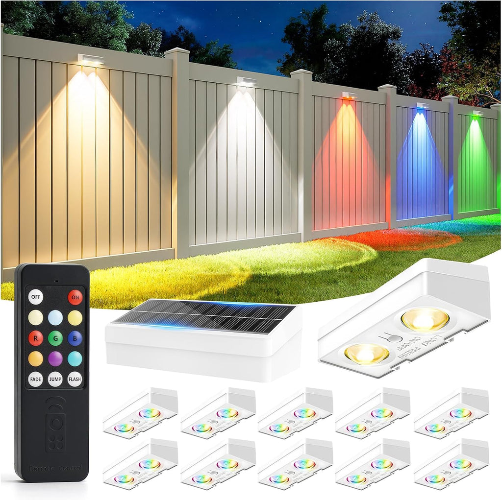 JOFIOS Fence Lights Solar Powered with Remote, 9 Fixed Colors ＆ Color Changing White Fence Lights Waterproof IP65 Dusk-to-Dawn LED Deck Lighting for Patio, Railing, Pool, Porch, Backyard, 12 Pack
