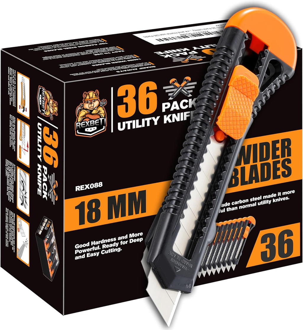 REXBETI 36-Pack Box Cutters, Retractable Utility Knife, 18mm Wide Blade
