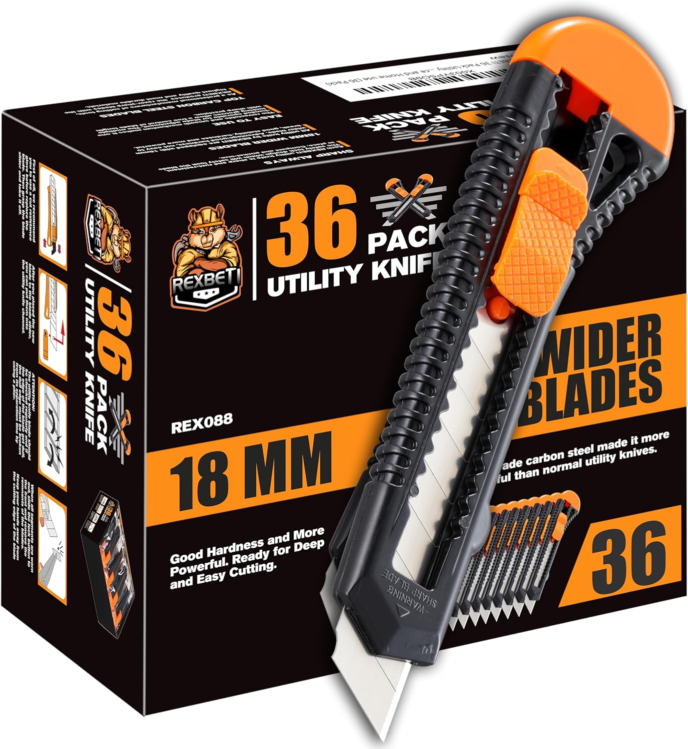 REXBETI 36-Pack Box Cutters, Retractable Utility Knife, 18mm Wide Blade