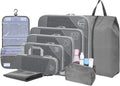 9-Set Packing Cubes with Hanging Bag | 9-Size Combination, Mesh Fabric & Reflective Stripe | Travel Luggage Organizers (Grey)