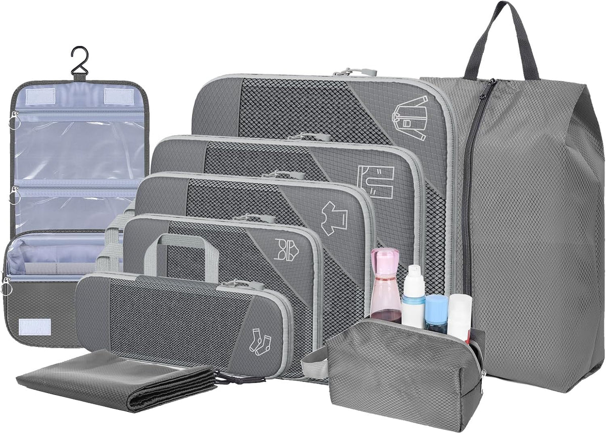 9-Set Packing Cubes with Hanging Bag | 9-Size Combination, Mesh Fabric & Reflective Stripe | Travel Luggage Organizers (Grey)