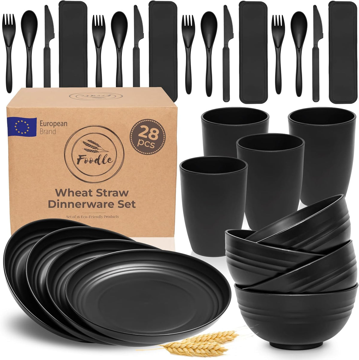 FOODLE Wheat Straw Dinnerware Set - RV, Camping, Picnic Plates Cups & Bowls