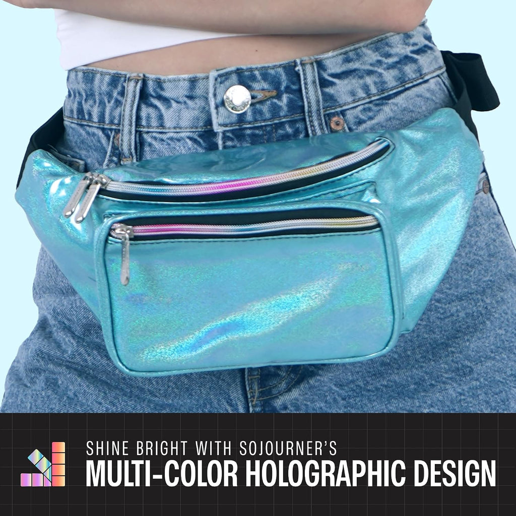 SoJourner Waterproof Holographic Fanny Pack, Blue Glitter