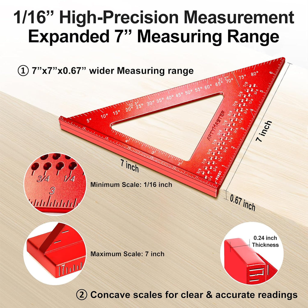 7 inch Carpenter Square, 1/16" Precision Hole Scribing Square Tools, 0-90° Aluminum Alloy Rafter Square, Woodworking Square with Stair Gauge & Carpenter Pencils 12 Refills AM13F