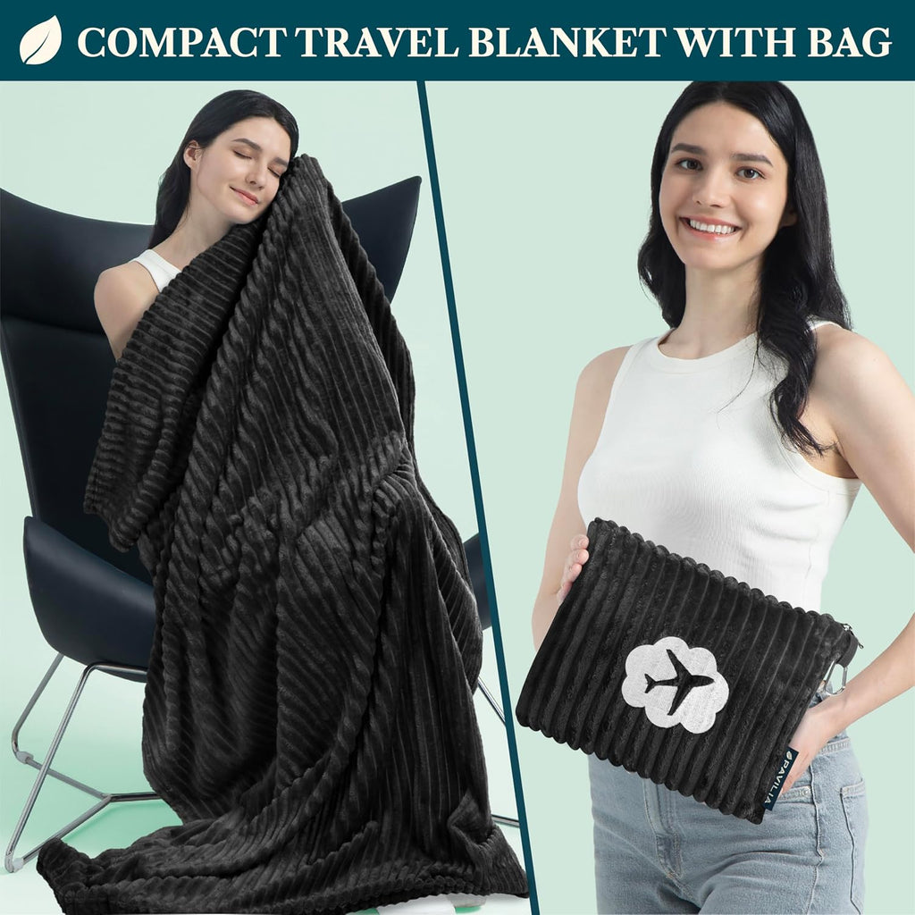 PAVILIA Travel Blanket Pillow, Soft Ribbed Fleece Airplane Blanket, Black