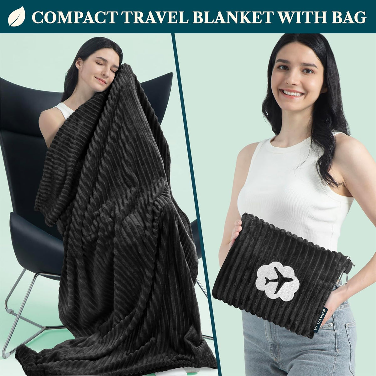 PAVILIA Travel Blanket Pillow, Soft Ribbed Fleece Airplane Blanket, Black