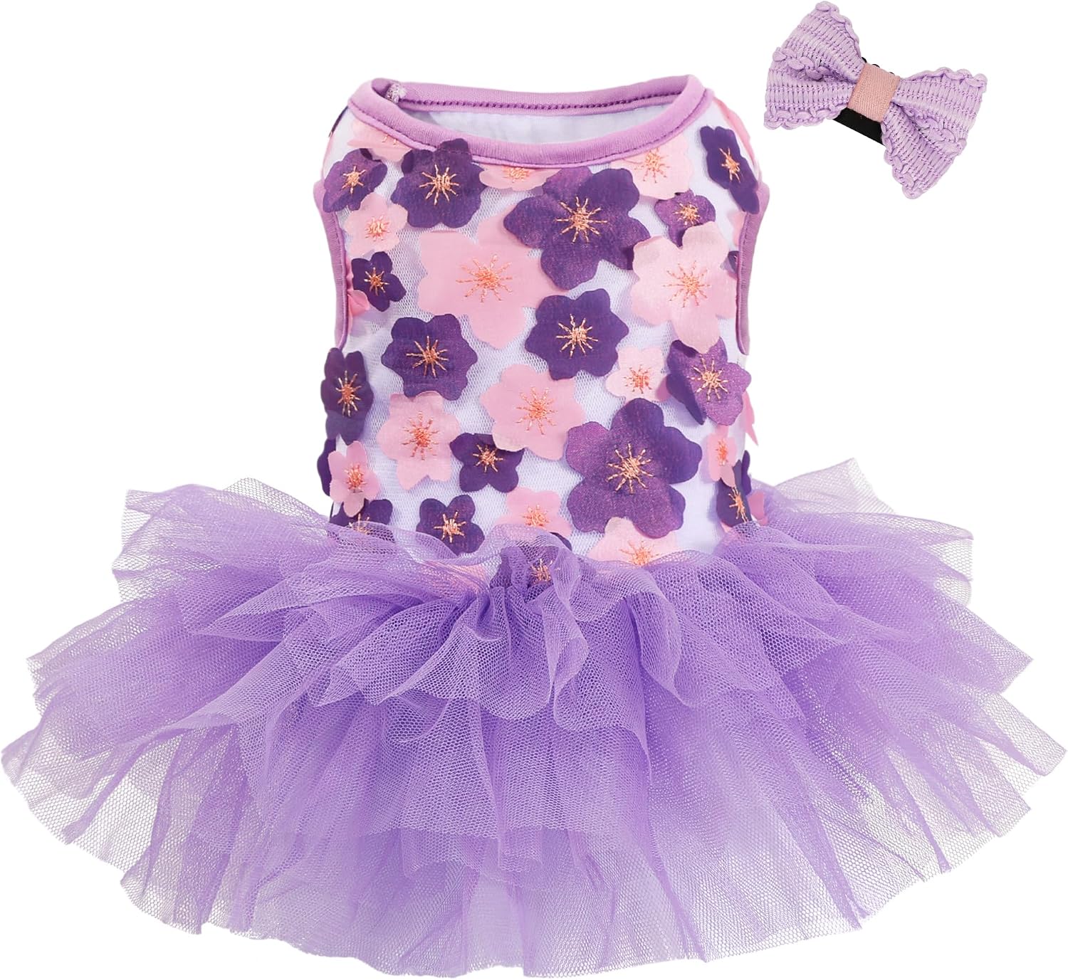 Dog Dress, Fashion Puppy Tutu Princess Dresses for Small Dogs Girl, Sweet Skirt with Dog Bowknot Clips, Spring Dog Cat Clothes Pet Apparel (Purple Floral Dress, XX-Small)