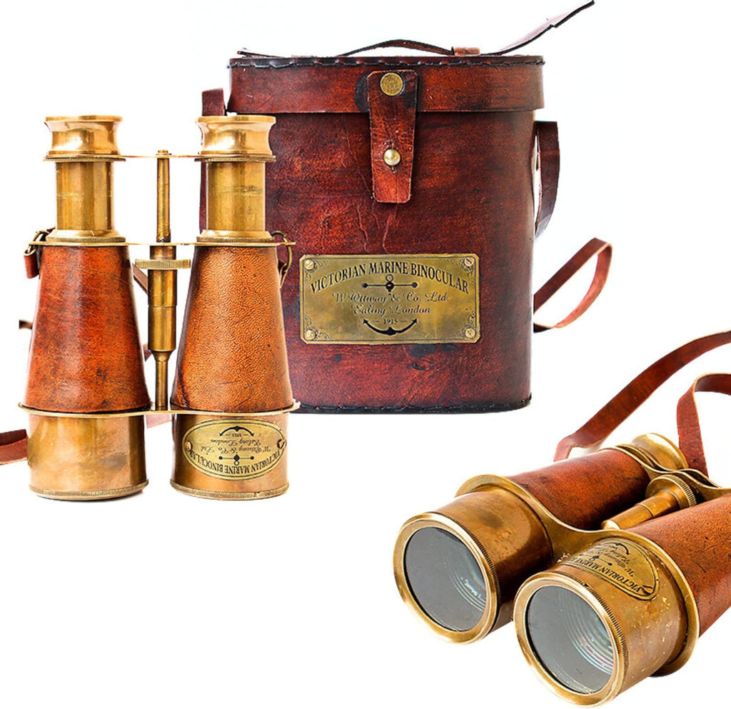 Nautical Design Antique Victorian Marine Brass Leather Binocular Sailor Instrument London 1915 Orange for Home & Office Outdoor Camping