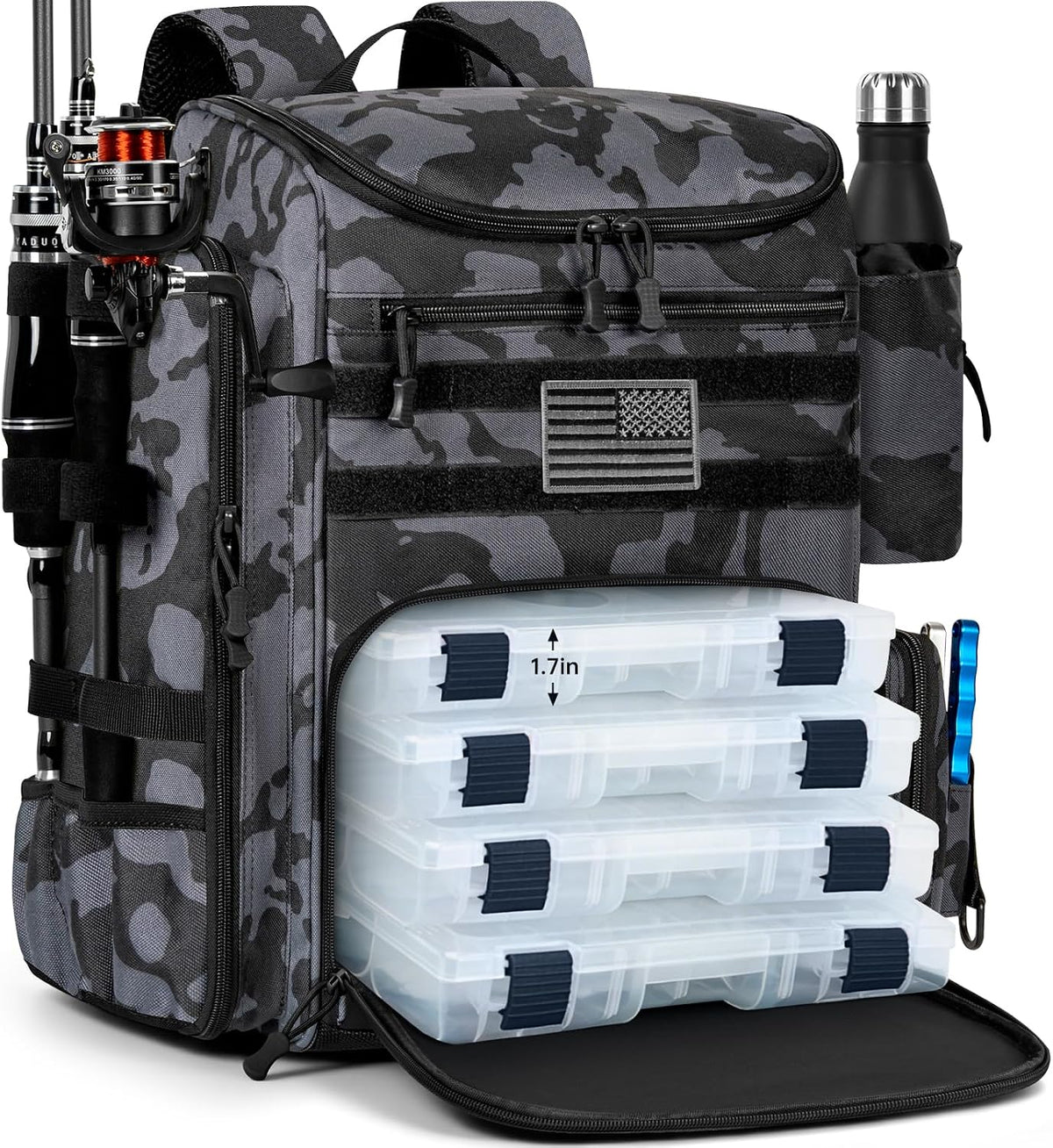 40L Tackle Fishing Backpack with 2 Rod Holders, Fits 4 3600 Trays