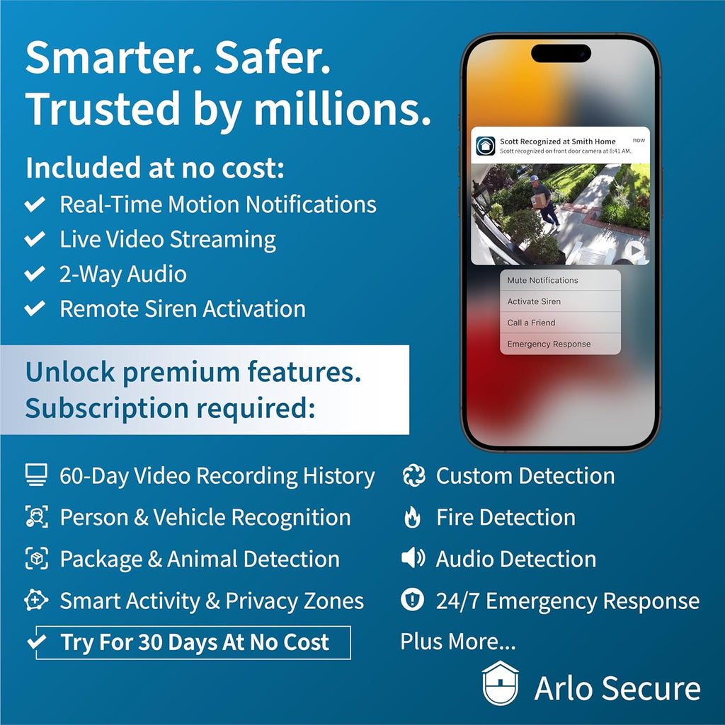 Arlo Essential Security Cameras Wireless Outdoor 1080p HD (2nd Gen, 2023 Release) - Battery Power, Person Recognition, Package Detection, Animated Preview, 1-Month Trial of Secure Plan, 1 Cam, White