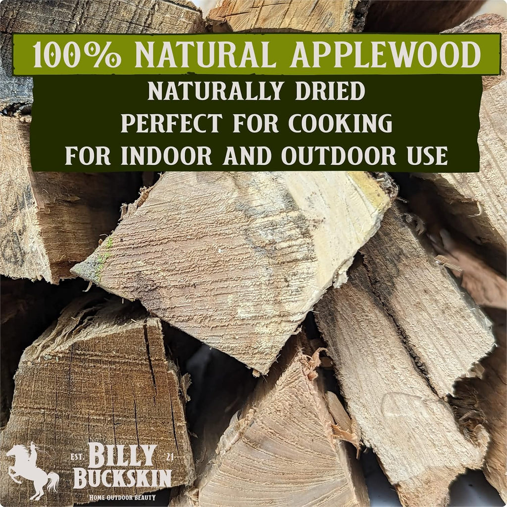 Billy Buckskin 18 LB Applewood Cooking Firewood – Includes 1lb 100% Natural Apple Wood Chips & Fatwood Starter Sticks for Fire Pit, Campfire, Fireplace, Wood Stoves and Outdoor Grilling