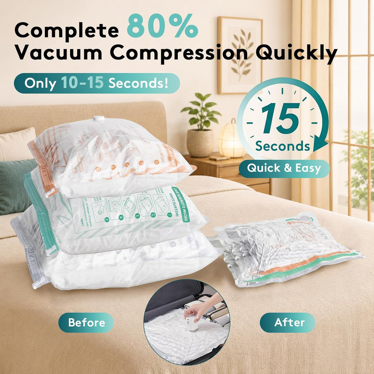 15 Pack Vacuum Bags for Travel with Pump, Cordless Vacuum Seal Bags for Clothing Travel, Compression Packing Cubes for Luggage, Space Saver Vacuum Storage Bags