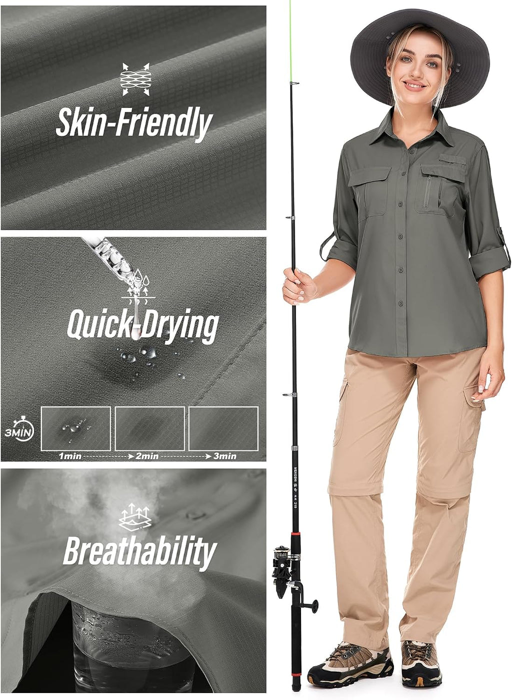 Women's UPF 50 Long Sleeve Sun Protection Safari Fish Hiking Shirts