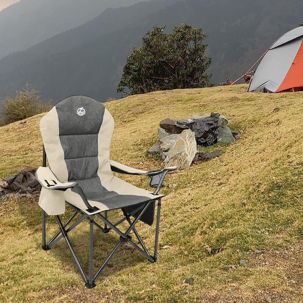 Northroad Oversized Portable Camping Chair, Full Padded Outdoor Folding Chair Support 350 LBS, Heavy Duty Lawn Chair with Cup Holder, Cooler Bag, Lumbar Support, Head Pocket for Adult-Beige