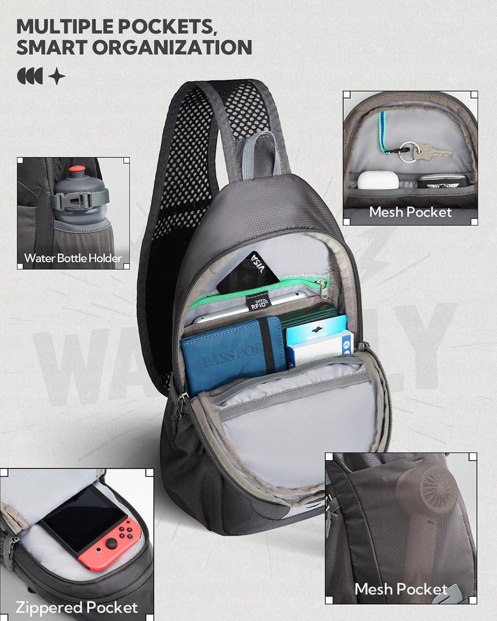 WATERFLY Packable Sling Bag RFID Travel Crossbody Backpack for Women Men