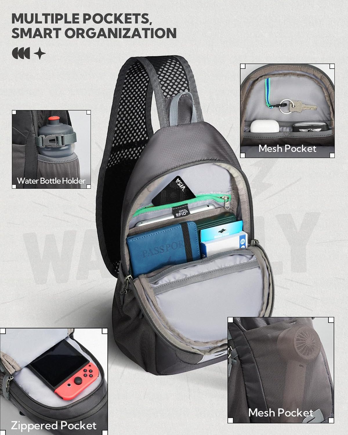 WATERFLY Packable Sling Bag RFID Travel Crossbody Backpack for Women Men