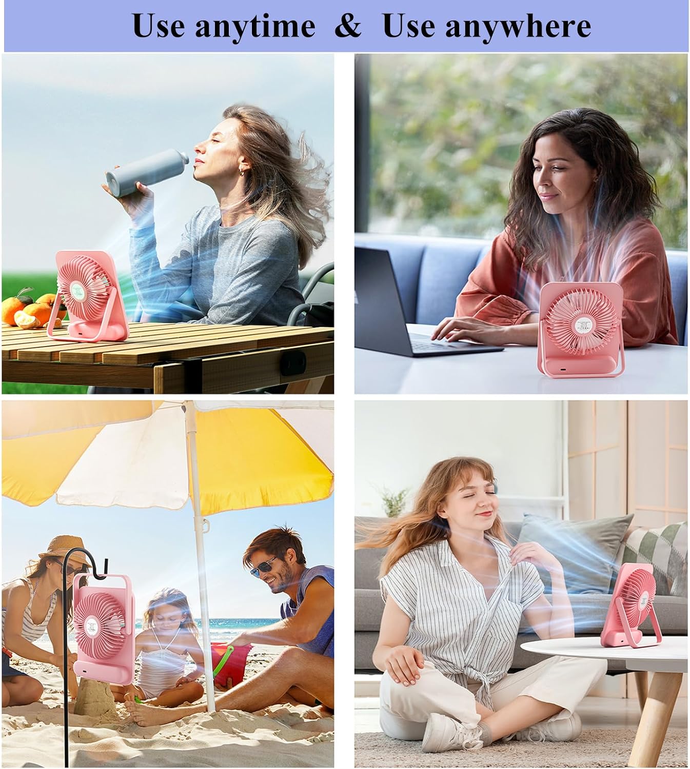 WHATOOK Small Desk Fan Personal Fans: 5000mah 25 Hours Battery Office Quiet Mini Desktop Fan Portable Rechargeable Travel Essentials (Pink & Purple, Milliamp Hours, 2000)