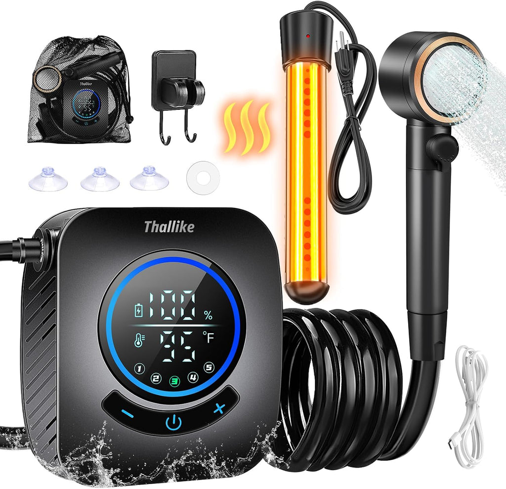 Upgraded Portable Shower with Heater, 1500W Immersion Heated, 8000mAh Rechargeable Camping Shower Pump with LED Display, IPX8 Waterproof Lightweight Outdoor Shower Pump Kit for Hiking