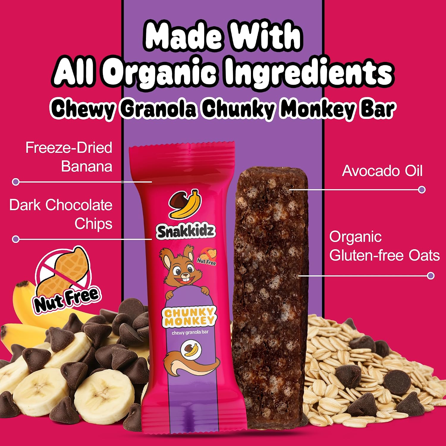 Snakkidz Organic Granola Bars, Chunky Monkey, Seed oil free,15 Bars