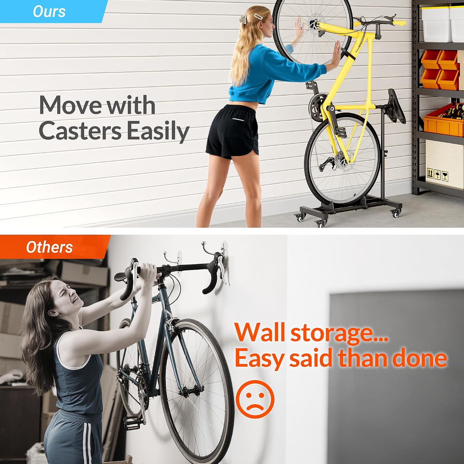 Vertical Bike Stand, Freestanding Bike Rack for Garage Storage, Upright Bicycle Floor Stand with Adjustable Height and 360° Rolling Wheels, Space Saving Indoor Bike Holder for 24"-29" Standard Bikes