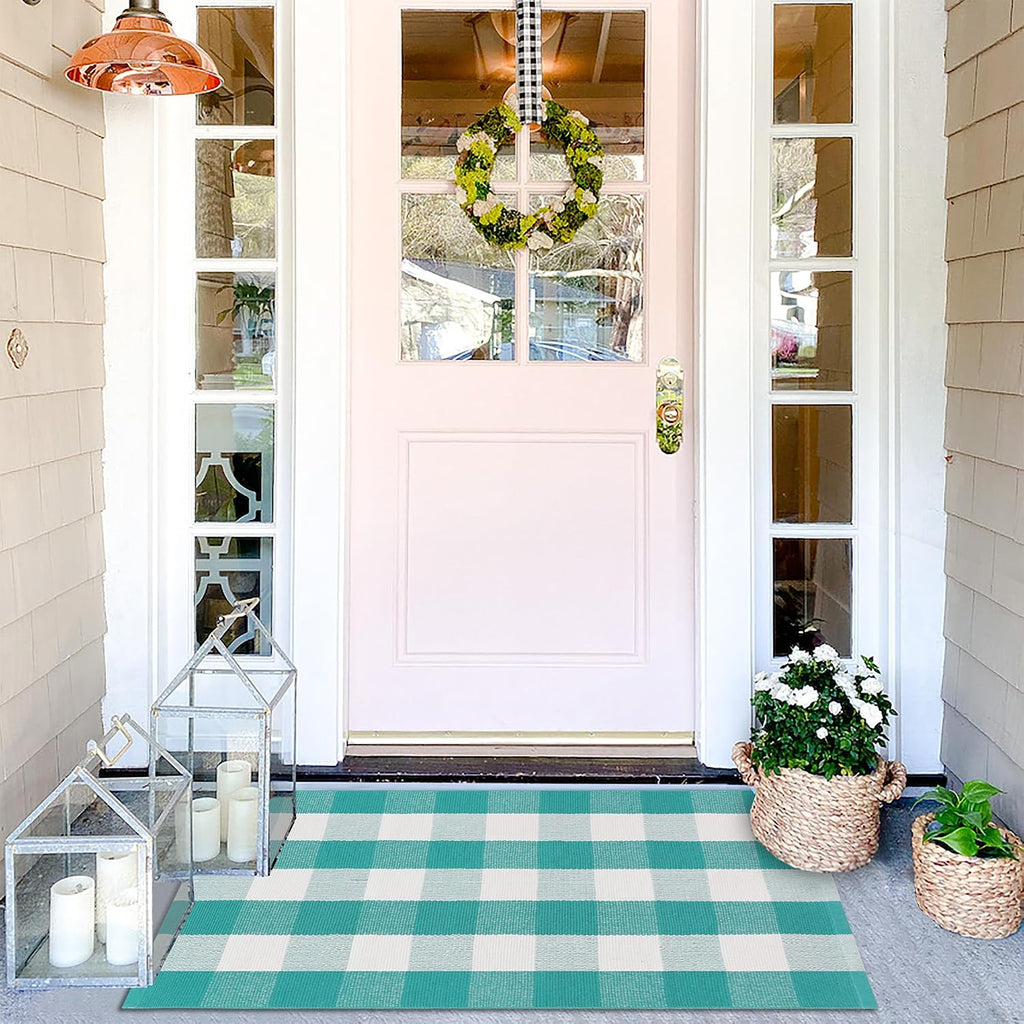Spring Green & White Plaid Rug - 28 x 43 Inches Outdoor Front Door Decor Mat Cotton Washable Hand-Woven Rug Christmas New Year Holiday Porch Entryway Layered Doormat