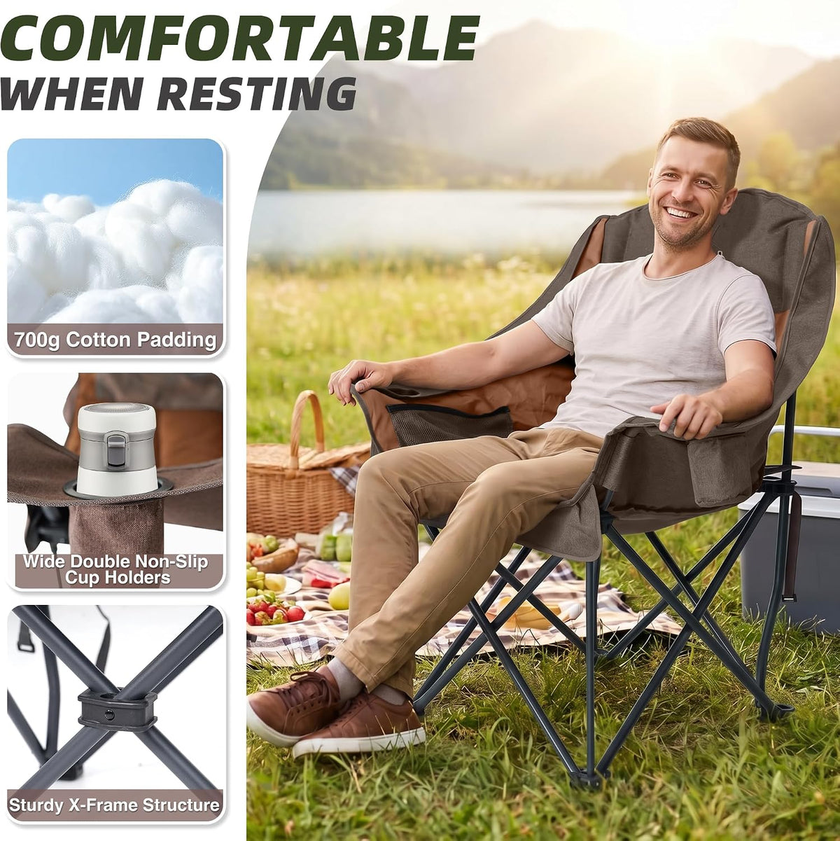 Oversized Camping Chairs with Cup Holder 500LBS, Coffee