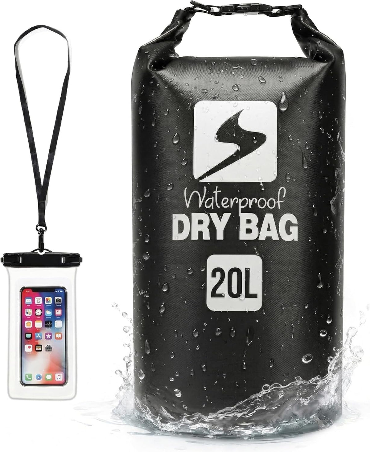 Soulsfeng Waterproof Dry Bag Backpack, Roll Top Floating Dry Storage Bag with Phone Case, Lightweight Dry Sack for Kayaking, Boating, Beach, Travel, Camping 20L, Black