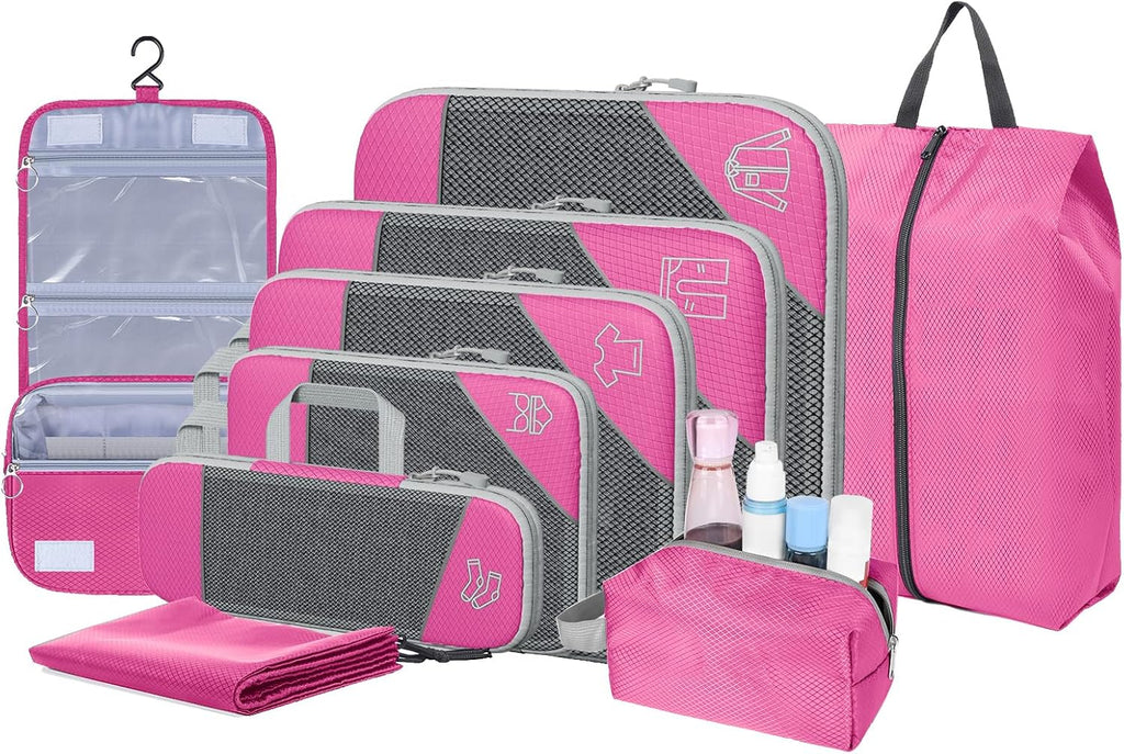 9-Set Packing Cubes with Hanging Bag | 9-Size Combination, Mesh Fabric & Reflective Stripe | Travel Luggage Organizers (Navy)