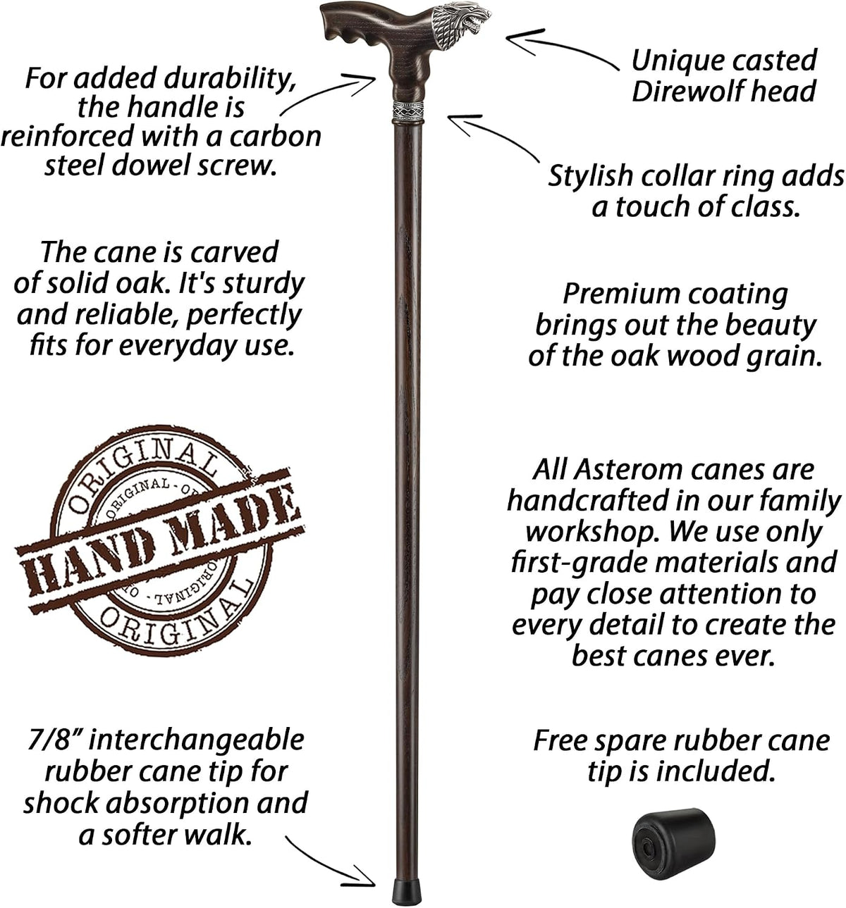 Asterom Wooden Canes for Men, Handcrafted Men's Walking Cane, Oak Wood