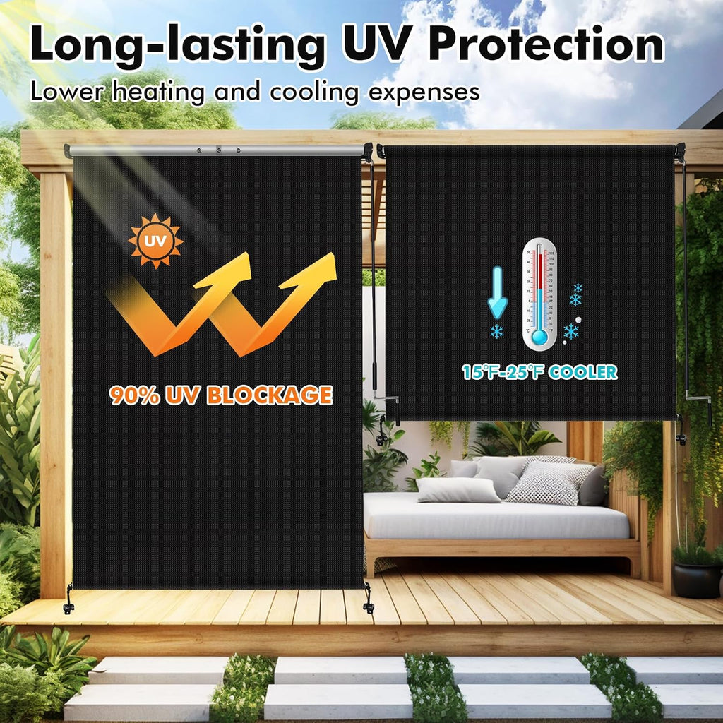 Artpuch Outdoor Roller Shade 4' W x 8' H, Black Exterior Cordless Patio Shades Roll Up Blinds for Porch Pergola Gazebo