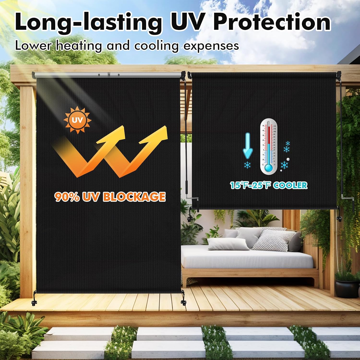 Artpuch Outdoor Roller Shade 4' W x 8' H, Black Exterior Cordless Patio Shades Roll Up Blinds for Porch Pergola Gazebo