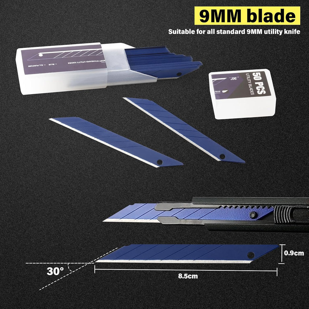 Gomake 9mm Utility Knife Replacement Blades,30 Degree Snap Off Carbon Steel Knife Blades for Retractable Cutting Knives, Hobby, Craft, Box Cutter 100PCS (Blue)