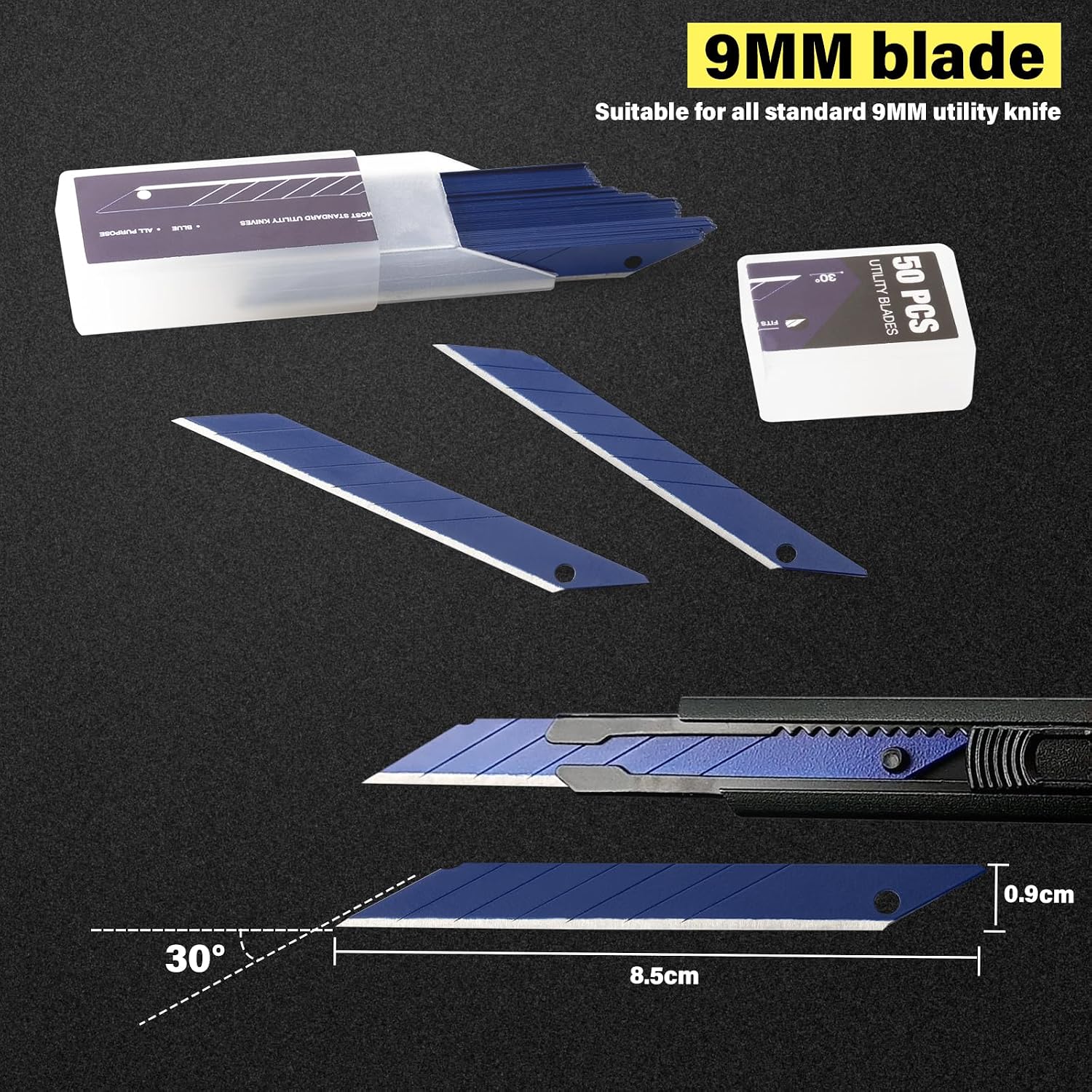 Gomake 9mm Utility Knife Replacement Blades,30 Degree Snap Off Carbon Steel Knife Blades for Retractable Cutting Knives, Hobby, Craft, Box Cutter 100PCS (Blue)
